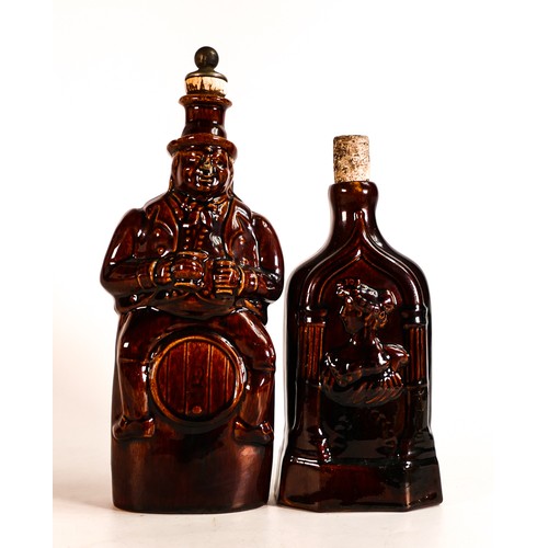 39 - Rockingham style Treacle glazed spirit flasks, one with raised Queen Victoria & Duchess of Kent deco... 