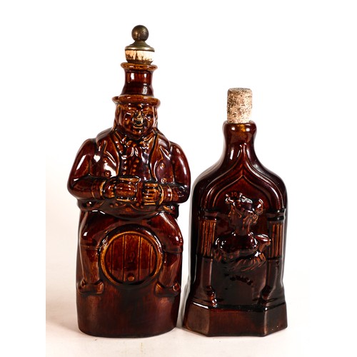 39 - Rockingham style Treacle glazed spirit flasks, one with raised Queen Victoria & Duchess of Kent deco... 