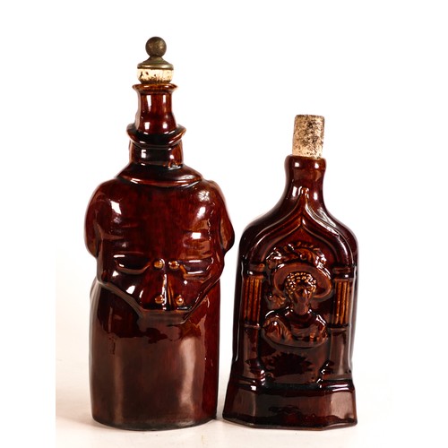 39 - Rockingham style Treacle glazed spirit flasks, one with raised Queen Victoria & Duchess of Kent deco... 