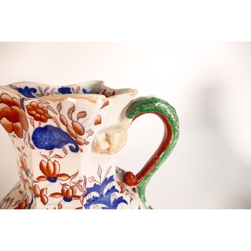 41 - Masons Ironstone Hydra jug with serpent handle decorated in the Imari palette. Height: 24.5cm small ... 