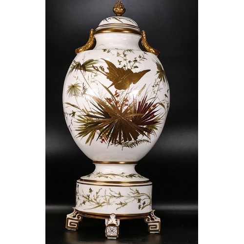 43 - Late 19th century presumed Moore & Co Prestige Foleyian lidded vase decorated with crane & foliage, ... 