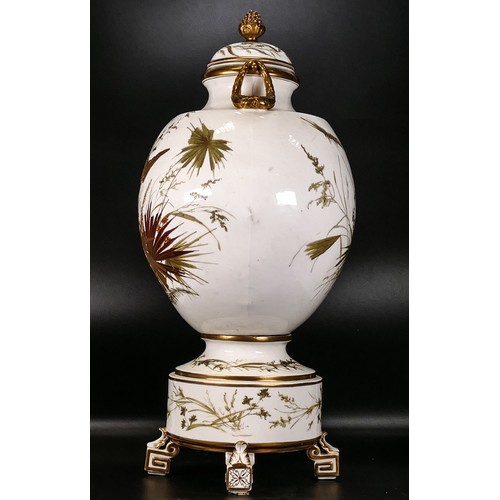 43 - Late 19th century presumed Moore & Co Prestige Foleyian lidded vase decorated with crane & foliage, ... 