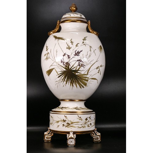 43 - Late 19th century presumed Moore & Co Prestige Foleyian lidded vase decorated with crane & foliage, ... 