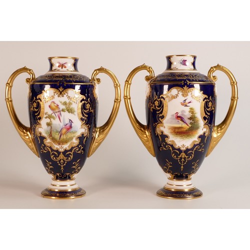 53 - 19th century Coalport pair of two handled vases, gilded all over & decorated with panels of flowers,... 