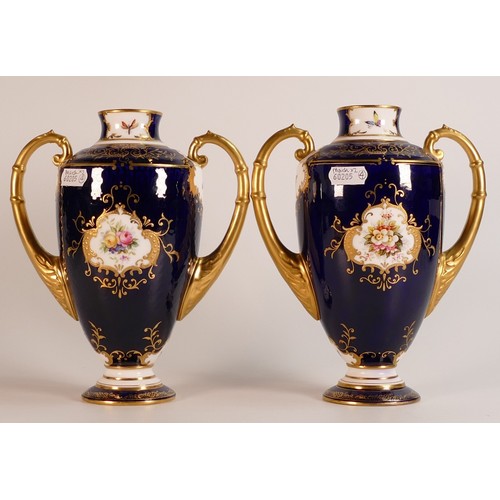 53 - 19th century Coalport pair of two handled vases, gilded all over & decorated with panels of flowers,... 