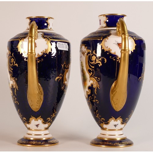 53 - 19th century Coalport pair of two handled vases, gilded all over & decorated with panels of flowers,... 