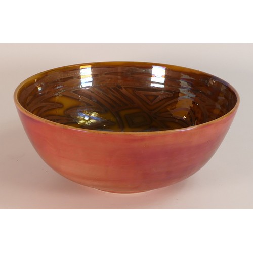 65 - Jonathan Cox Ceramics vibrantly decorated fruit bowl with lustre wild bird decoration, diameter 25.5... 