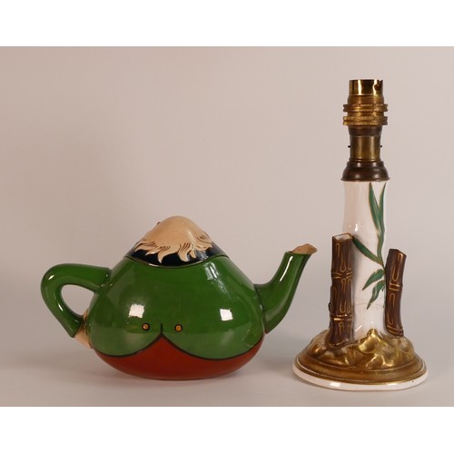 410 - Wileman & Co (Foley) Intarsio character tea pot, Kruger pattern 3246 and Foley lamp base, bamboo sha... 