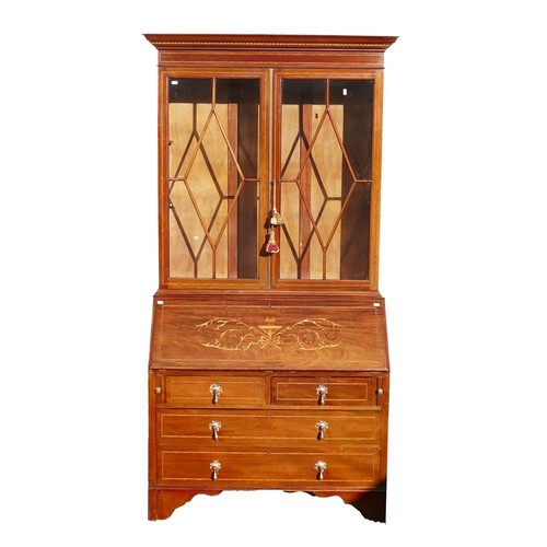 305 - 19th century Secretaire bookcase. Marquetry inlay to desk front, geometric marquetry banding to draw... 