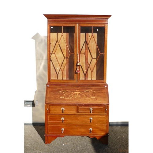 305 - 19th century Secretaire bookcase. Marquetry inlay to desk front, geometric marquetry banding to draw... 