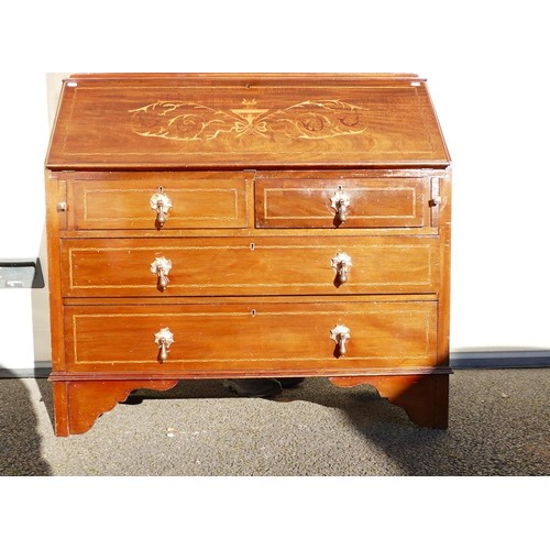 305 - 19th century Secretaire bookcase. Marquetry inlay to desk front, geometric marquetry banding to draw... 