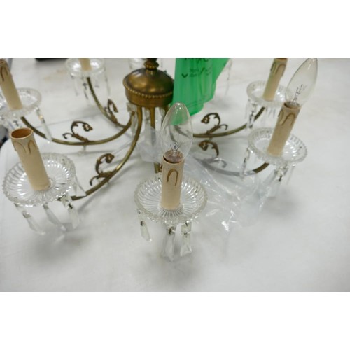 306 - Large Brass & cut glass eight branch ceiling lamp chandelier, five mid arm droppers detached, one dr... 