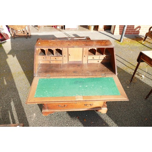 308 - Georgian light Oak bureau, five draws, canted corners and fitted interior, w.96 x d.47 x h.101cm.