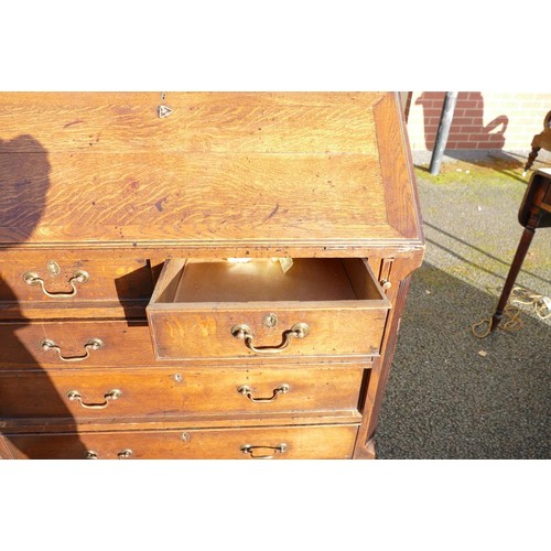 308 - Georgian light Oak bureau, five draws, canted corners and fitted interior, w.96 x d.47 x h.101cm.