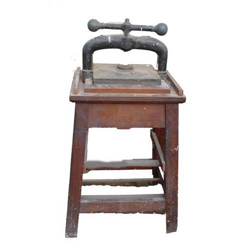 311 - 19th century large cast Iron book press on primitive pine base, height 106cm, width 50cm & depth 39c... 