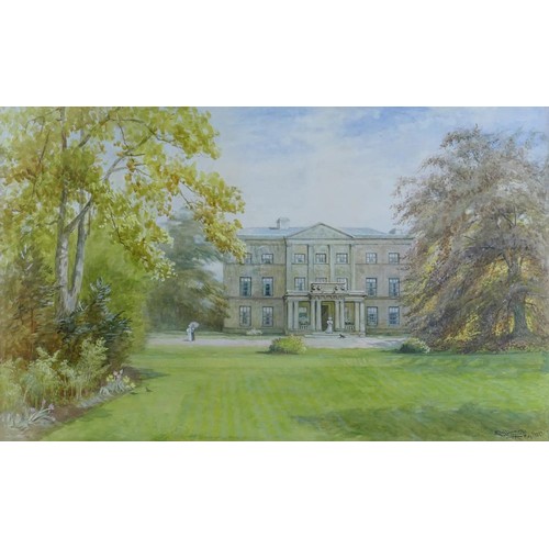 333 - Ellen Vernon, watercolour of stately home and garden, dated 1897, 30cm x 49cm, frame has some loss.