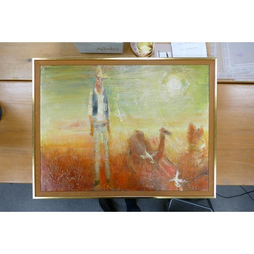 334 - Keith Michell (1928-2015), oil painting of Cowboy figure on desert scene, 75cm x 100cm.