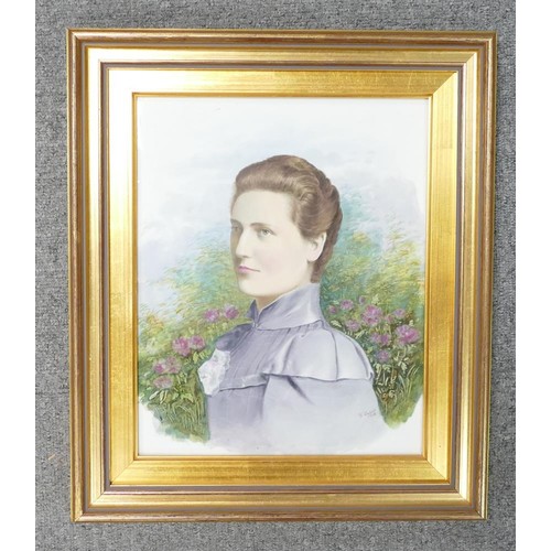 335 - W Lambert 1898 hand painted porcelain plaque of Lilian Davies (nee Woolliscroft) removed from the ho... 