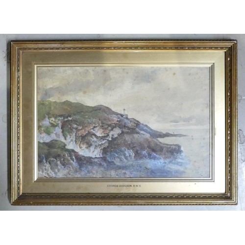 340 - George Dodgson R.W.S, Rocky Coastal Landscape with Lighthouse, watercolour on paper. Unsigned and ti... 