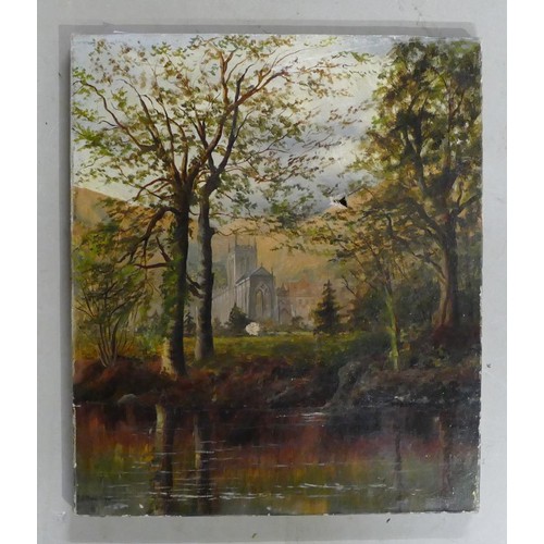 341 - P. Fourmy, forest scene with lake to fore leading to view of a cathedral. Unframed mounted oil on ca... 