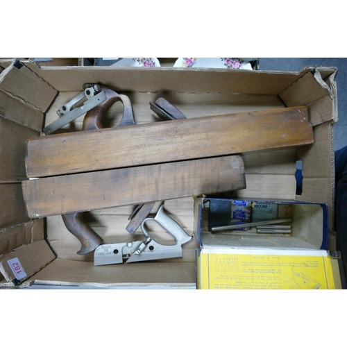 182 - A collection of Wood Working Hand Tools including Boxed Record Plough Plane No 44 & 2 wood similar i... 