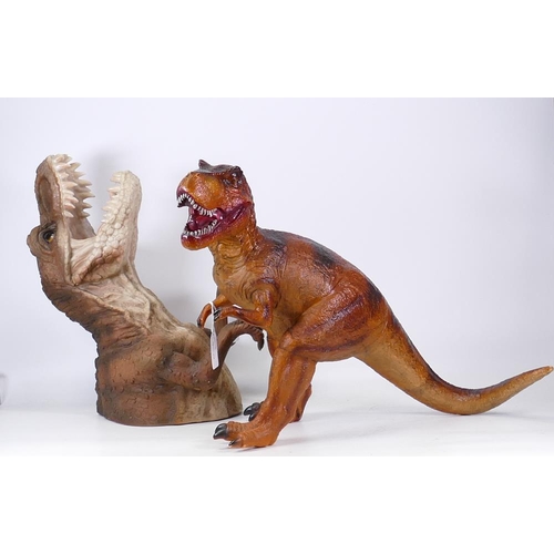 208 - Resin t-rex wall plaque together with plastic t-rex figure, height of tallest 37cm