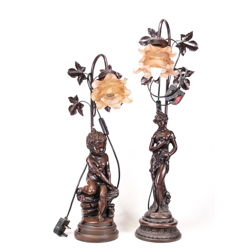 220 - Two Art Nouveau Style Resin Lamps with Ruffled Floral Shades. Height of tallest: 66cm (2)