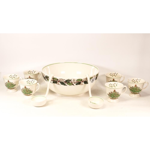 297 - Copeland Spode Christmas Tree Pattern Punch Bowl together with two ladles and six cups. Diameter of ... 