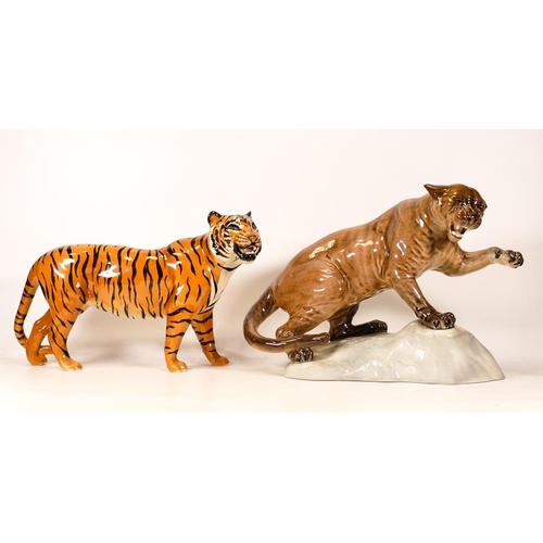 303 - Beswick Tiger 2096 together with Puma on a Rock 1702. Puma has some restoration. (2)