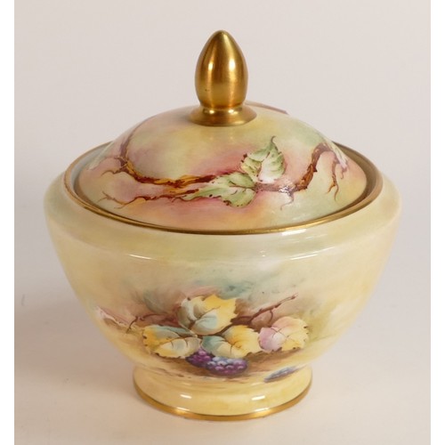 123 - Mintons sugar bowl & cover decorated with peaches by D G Hirst, d.9.5 x h.10cm.