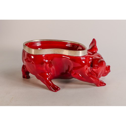 420 - Royal Doulton early Flambe pig dish with hallmarked silver mounts, L18 x h.8cm, good restoration..