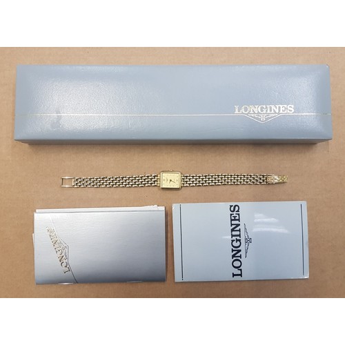 415 - Ladies 9ct gold Longines quartz watch with original box, papers and sales receipt, overall weight of... 