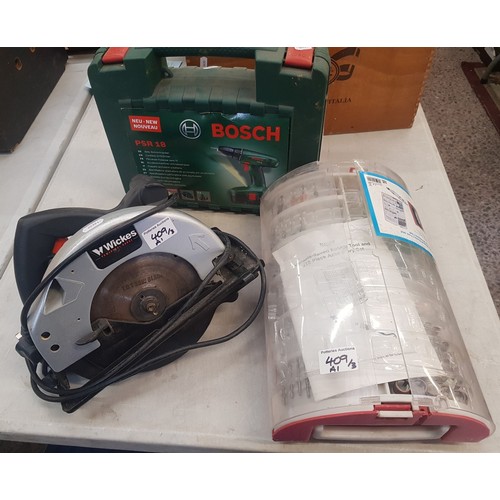 409 - A collection of tools to include Bosch PSR18 cased impact driver, wicks circular saw & rotary tool a... 