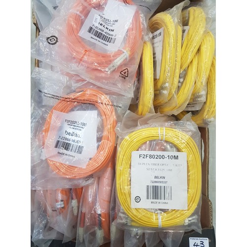 43 - A quantity of Belkin 10/15m Duplex Fibre Optic cables, F2F80200 & F2F202LL etc, approx 30 (1 tray).