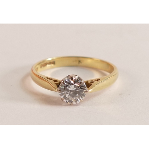 753 - 18ct gold diamond solitaire ring, diamond approx .65ct, size N, 2.9g.