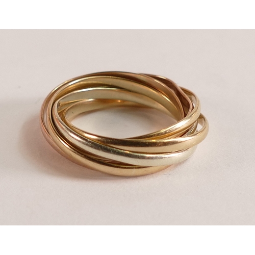 756 - 9ct three colour gold 7 pc ring, size F/G,3.6g.