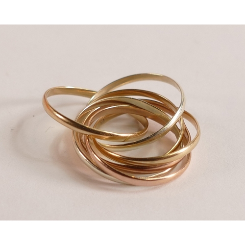 756 - 9ct three colour gold 7 pc ring, size F/G,3.6g.