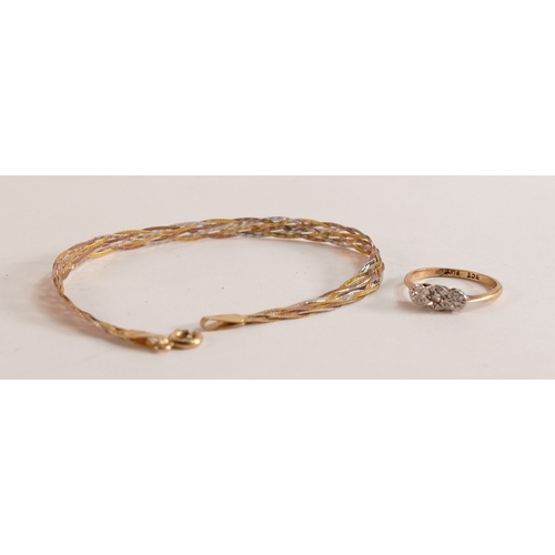 758 - 9ct three colour gold bracelet and 9ct gold diamond ring, size k, 3.9g.