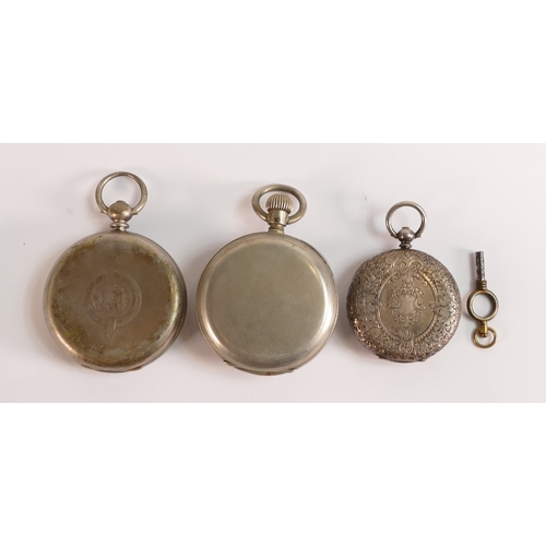 612 - Ladies Victorian key wound silver cased pocket watch, together with 2 nickel cased gents watches, al... 