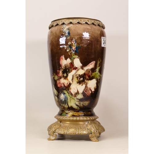 240 - Brass mounted faience vase with floral decoration, height 30.5