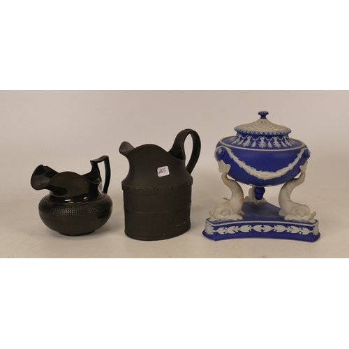 265 - Wedgwood Dip Blue dolphin pastile burner together with unmarked black basalt milk jugs (a/f) (3)