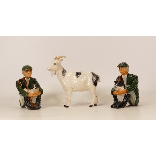 432 - Beswick Nigerian pot bellied pygmy goat ( boxed) together with two Shebeg shepherd figures .