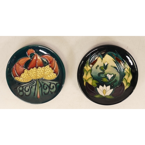 495 - Moorcroft Lamia coaster, designed by Rachel Bishop, dated 1995 together with Moorcroft year plate 18... 