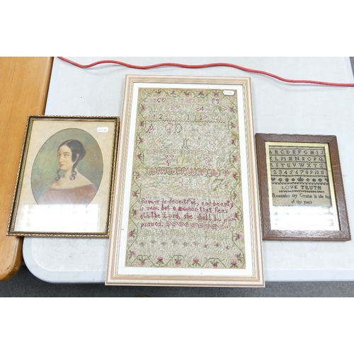 33 - Early 19th Century Sampler together with similar dated 1806 to reverse & Female miniature (27 x 20)