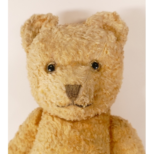 166 - A 20th Century Teddy Bear. Arms and Legs have joints connecting by strings, plastic eyes, three sewn... 