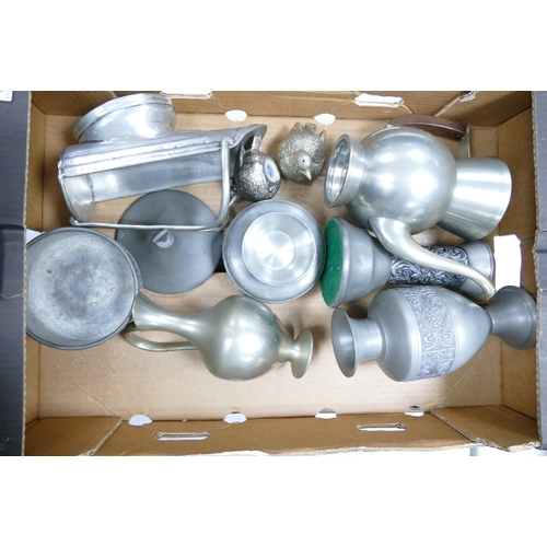 222 - A collection of metal ware items to include Pewter ewer, salt and pepper birds, lidded pot, coffee p... 