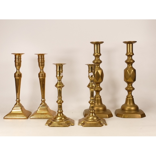 223 - 3 pairs of brass candlestick holders one with bill of purchase and sold as 18th century , height of ... 