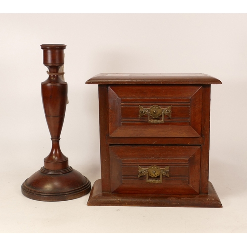 225 - A yew wood candlestick holder together with a dressing table drawers, height of tallest 28cm (2)