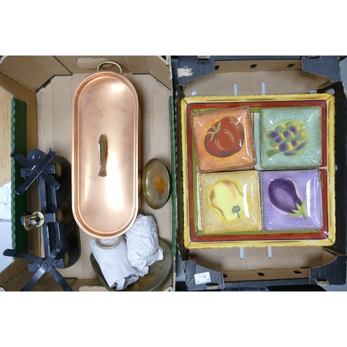 34 - A mixed collection of items to include Reproduction Kitchen Scales & weights, Copper Fish Steamer, l... 