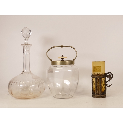 407 - Three Glass Items to include Decanter with Stopper, Biscuit Barrel and a Bohemia Style Glass Cup. (3... 